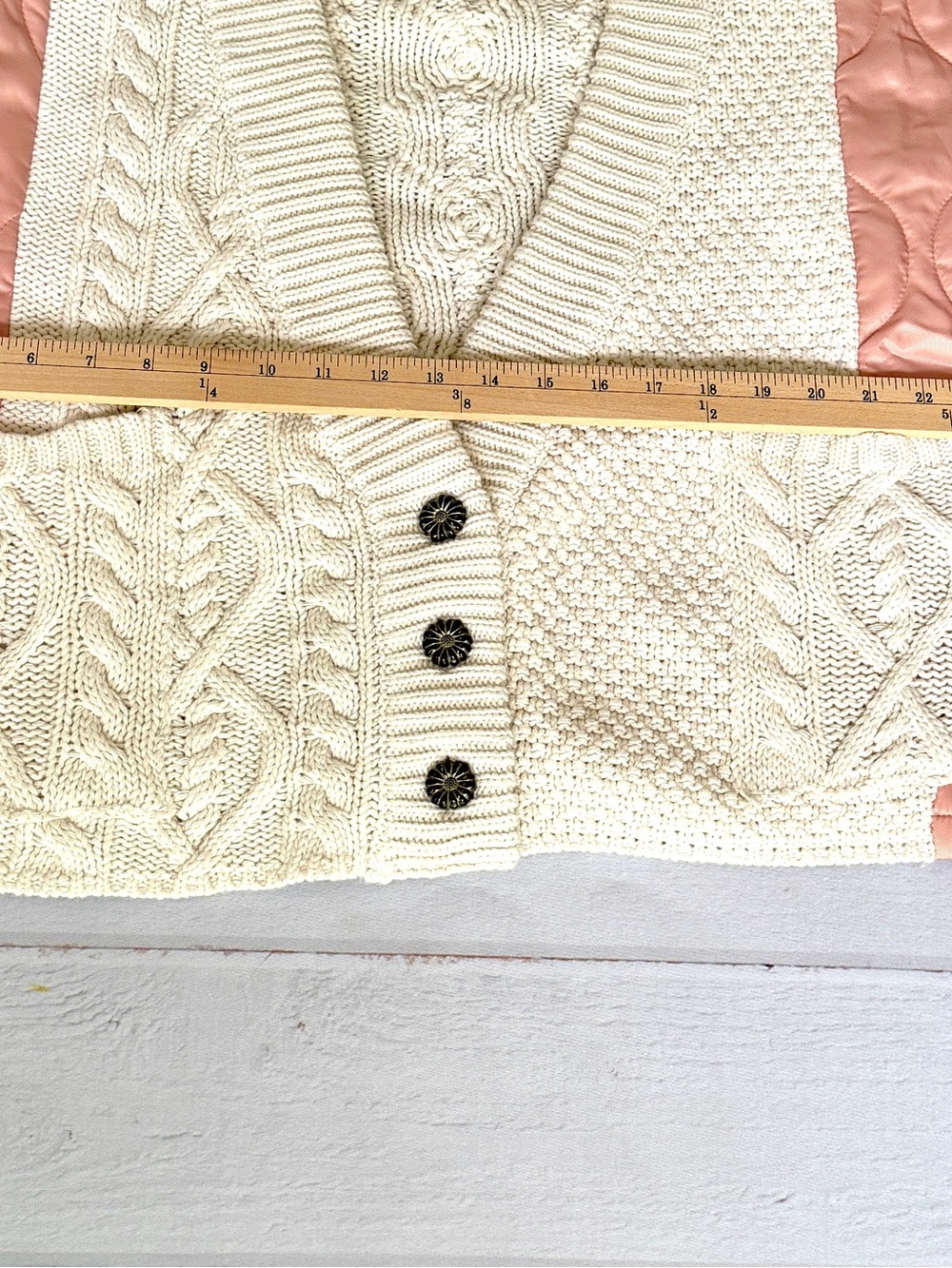 POL Cream Cable Knit Cardigan Quilted Pink Satin Patchwork Button Front Size M - Picture 12 of 15